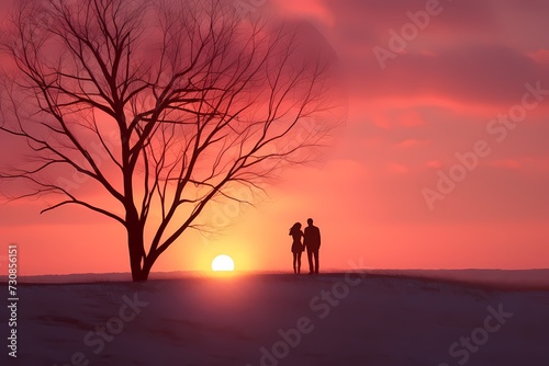 Heartwarming Valentine's Day sunrise with soft hues, silhouettes of trees, and a love-themed focal point