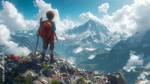 Augmented Reality Adventure: A Boy's Journey Through a Trash-Filled Mountain Generative AI