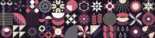 Spring set of 36 icons related to abstract geometric conceptual patterns. Flowers of a simple shape in the old style of Ukrainian embroidery. Scandinavian style. Mosaic style. Purple tones photo