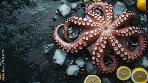 Fresh octopus on dark icy surface, surrounded by lemon slices. seafood delicacy in moody setting. ideal for culinary concepts. AI photo