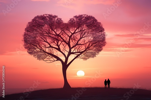 Heartwarming Valentine s Day sunrise with soft hues  silhouettes of trees  and a love-themed focal point