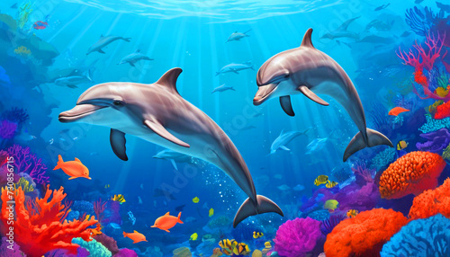 Beautiful dolphins swimming near coral reef in the sea 10