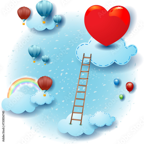 Sky landscape with clouds, red heart and ladder. Fantasy illustration vector eps10