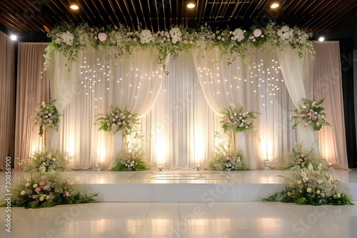 A wedding room with stage space with flowers and purple walls and lighting 