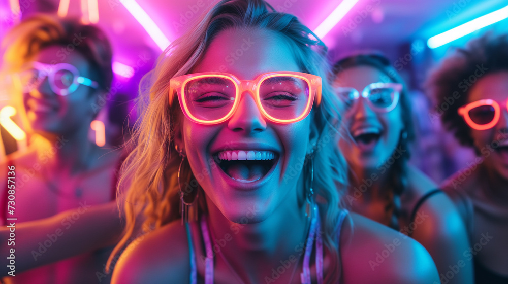 Young woman in neon sunglasses at club,ai