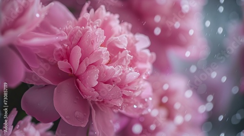Blooming pink peonies with soft focus. delicate flowers with sparkling dew  nature beauty in spring. elegant floral image for design needs. AI