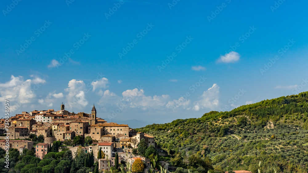 Low angle cityscape, Seggiano city, Grosseto province,  Tuscany region, Italy, Europe, EU