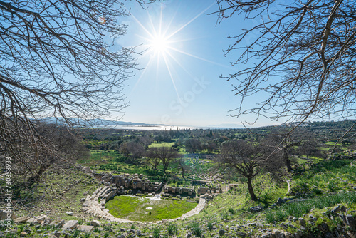Amazing views from Teos (Teo), an ancient Greek city on the coast of Ionia, on a peninsula between Chytrium and Myonnesus, one of the twelve cities that formed the Ionian League in İzmir #730858933