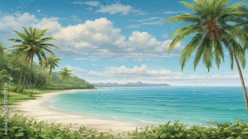 A serene digital painting of a tropical beach: turquoise waters, palm trees, and blue sky. Ideal for travel or vacation themes © rex