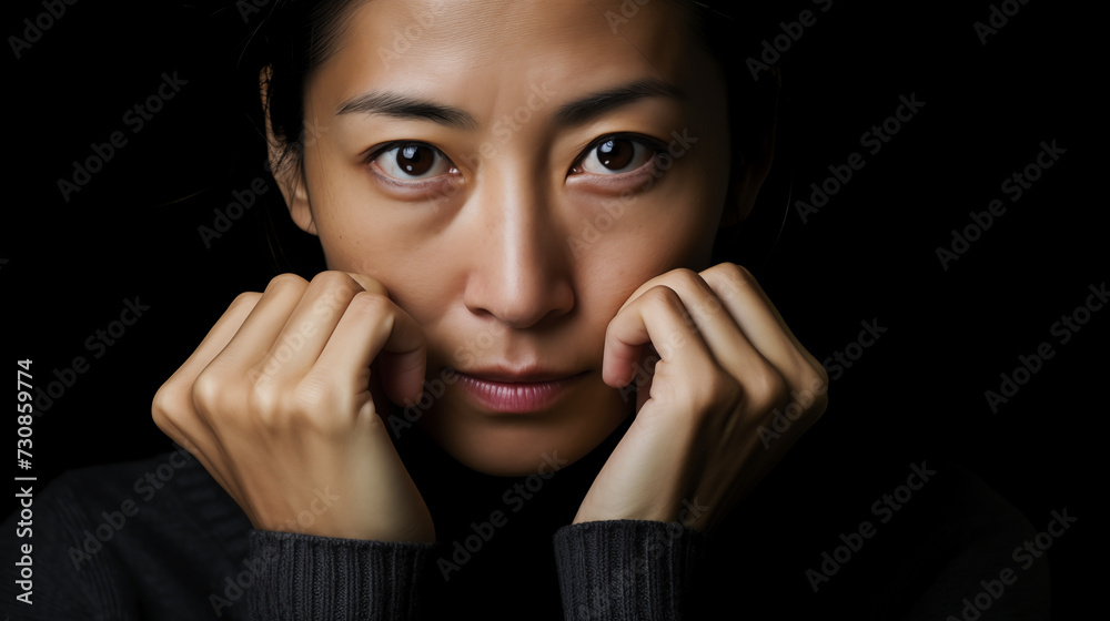 Portrait of a woman in a structured gray sweater, hands on face, eyes open with a piercing gaze, set against a stark black background highlighting her firm resolve Portrait of a woman in a structured gray sweater, hands on face, eyes open with a piercing gaze, set against a stark black background highlighting her firm resolve