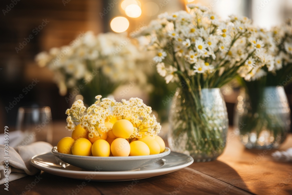 Easter festive spring table setting decoration, eggs in nest, fresh yellow tulips in vase, marshmallows, feathers, family dinner or breakfast concept, toned Easter festive spring table setting decoration, eggs in nest, fresh yellow tulips in vase, marshmallows, feathers, family dinner or breakfast concept, toned