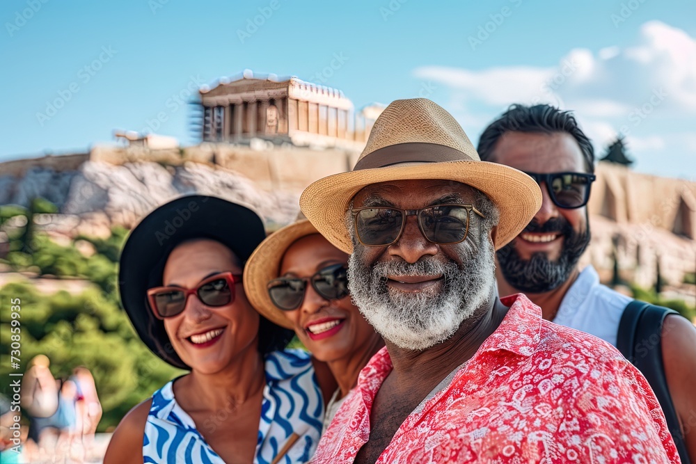 Group of senior multiethnic friends traveling in front of Acropolis - Athens, Greece.
