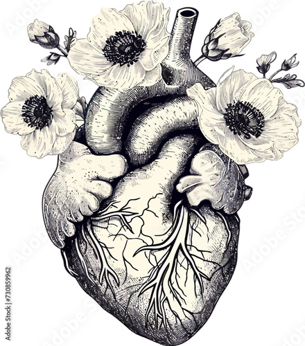 Human heart. The heart with the venous system and flowers. Anatomy. Flat vector illustration.