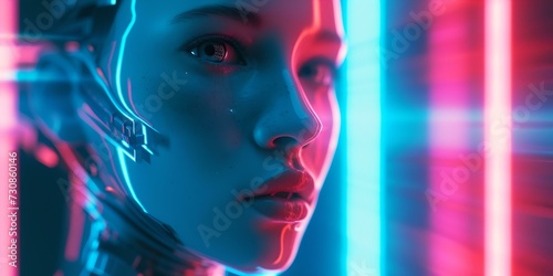 Futuristic cyber woman with neon lights. AI concept in vibrant colors. portrait of a high-tech female android. sci-fi style with modern aesthetics. AI