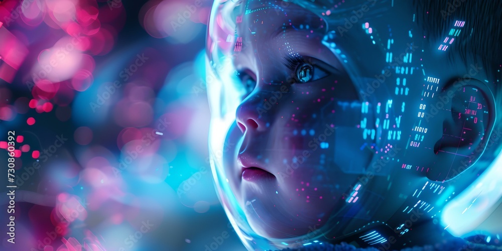 Futuristic child with digital face coding, concept of technology and childhood in a modern world. expressive portrait, digital art. AI Futuristic child with digital face coding, concept of technology and childhood in a modern world. expressive portrait, digital art. AI