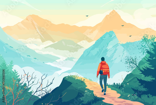 Man with backpack, traveller or explorer standing on top of mountain or cliff. Mountains landscape. Traveling or hiking or exploring or tourism concept. Vector illustration.