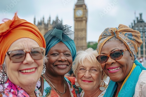Group of senior multiethnic women friends traveling in front of Big Ben, London in summer.