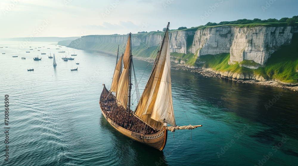 Vikings land on the Jurassic Coast of England in ancient times. - obrazy, fototapety, plakaty 