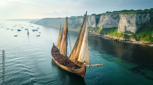 Vikings land on the Jurassic Coast of England in ancient times. photo