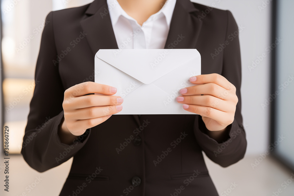 Businesswoman holding a white envelope with important message.