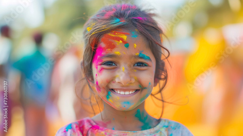 portrait of Indian child at holi festival, child is painted with holi colours, celebrating Holi festival.