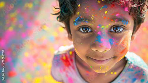 portrait of Indian child at holi festival, child is painted with holi colours, celebrating Holi festival.