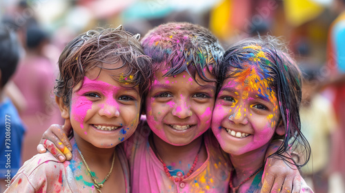 portrait of Indian children at holi festival, child is painted with holi colours, Celebrating Holi festival.