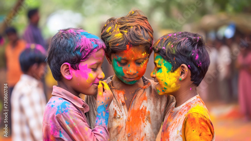 Kids smearing colour powder to each other face during holi celebration, Celebrating Holi festival. Soft focus