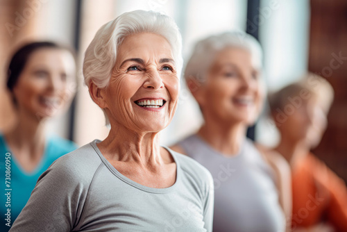 Cheerful senior woman with group of friends