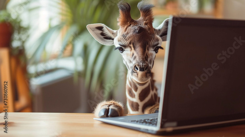 concept of learning animal giraffe working on a laptop