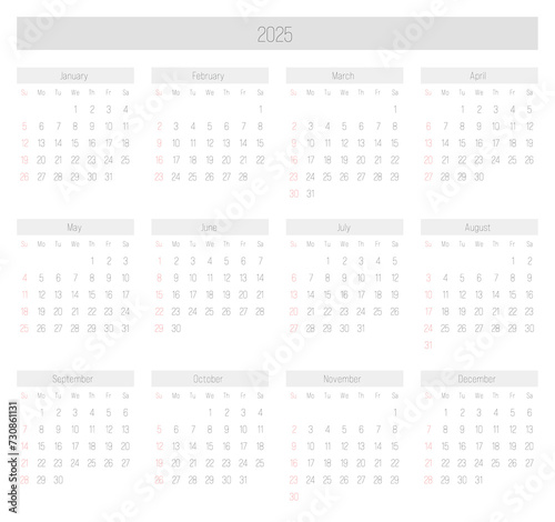 Monthly calendar of year 2025. Week starts on Sunday. Block of months in two rows and six columns horizontal arrangement. Simple thin minimalist design. Vector illustration.