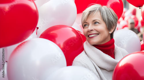 A thoughtful woman in a gray pullover among red and white balloons symbolizing Polish celebration.