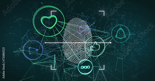 Network of digital icons over biometric fingerprint scanner against network of connections