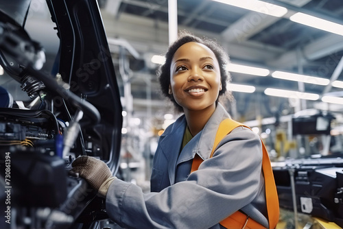 Smiling black woman working in car factory