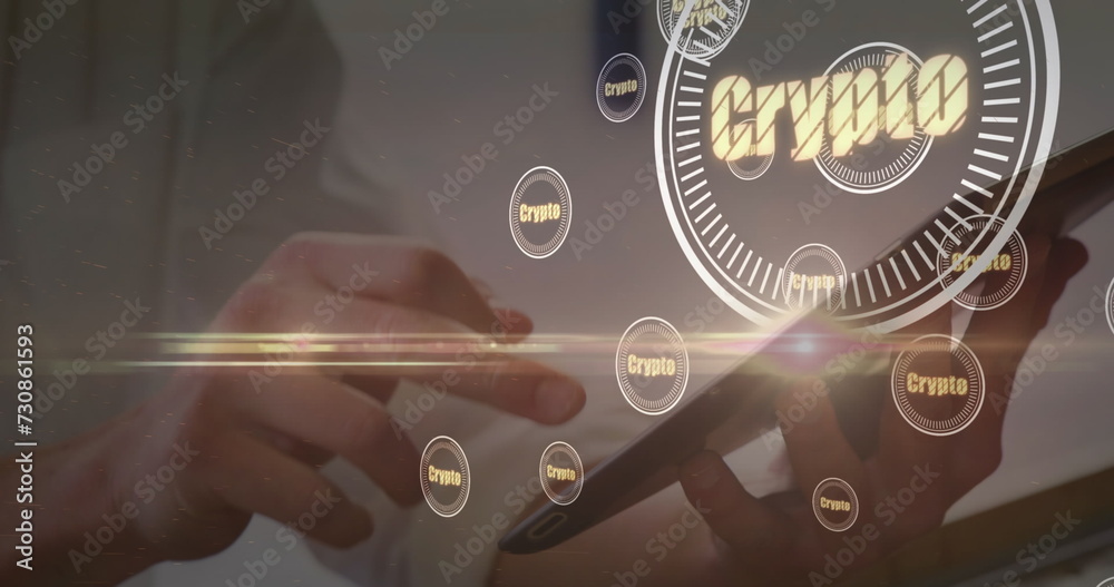 Image of crypto in circles over hands of caucasian woman using tablet