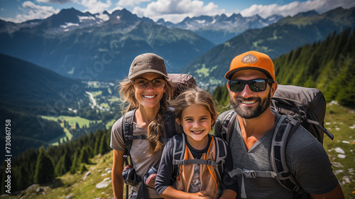 A family climbing a via ferrata in the Alps, with safety gear, against a backdrop of stunning mountain scenery