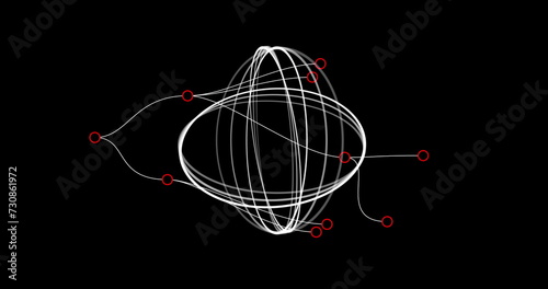 Image of connections and moving circles on black background