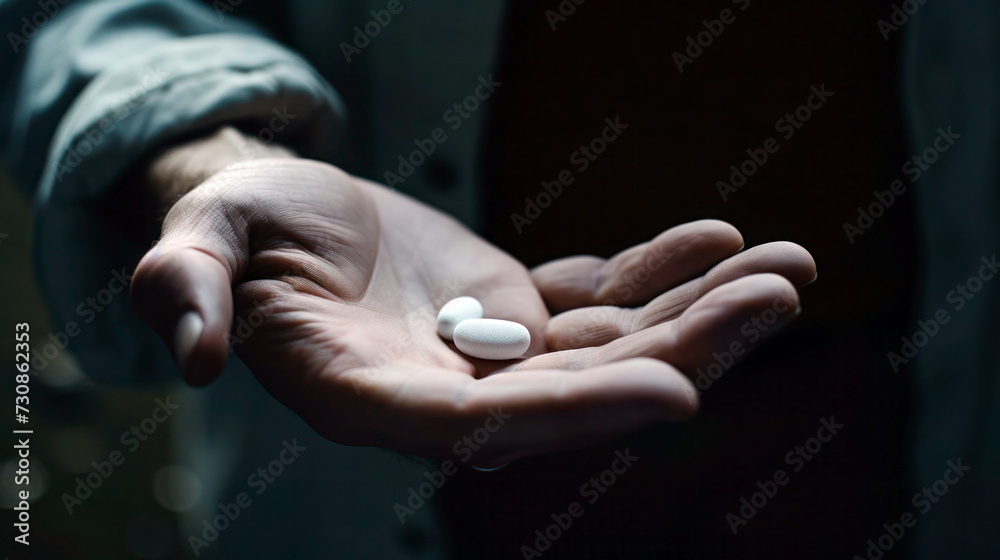 In the Palm of Care: A Precise Capture of Holding a Pill, Close-up Shot of Hand and Medication