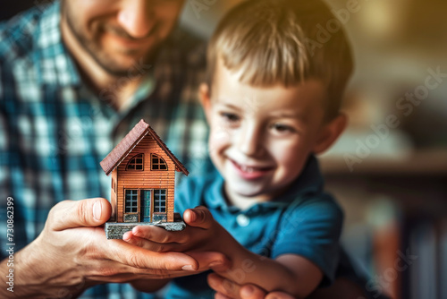 Father and son holding a miniature house in their hands. The concept of transfer of property and inheritance. Real estate. housing as a gift, apartment or house