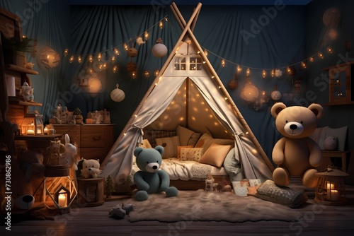 Magical children's bedroom at night filled with toys, a lovable teddy bear, and a delightful tent creating a dreamy and comforting space photo