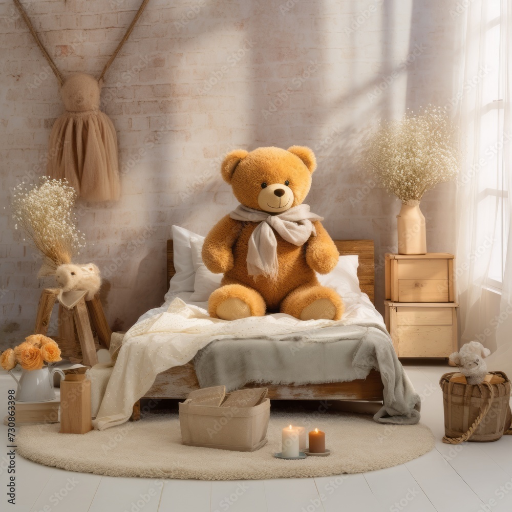 Cute teddy bears in the nursery. Modern interior design.