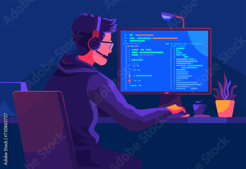 A flat illustration of a young white Caucasian man computer programming online late at night for work, typing at his PC workstation