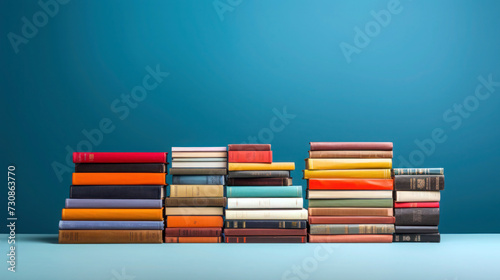 Knowledge Tower: Pile of Books Arranged Neatly Against Solid Background, Perfect for Text or Artistic Overlays