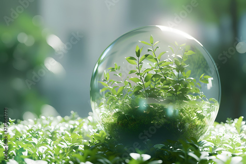 a crystal glass sphere with plants growing inside