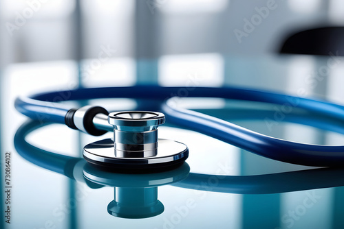 Blue stethoscope on glass table with reflection of doctors office in background.