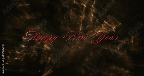 Image of happy new year text over yellow light trails background