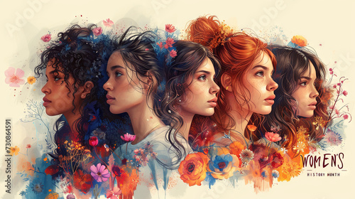 Group of beautiful women with flowers in hair. Photo collage. Women's history month. photo