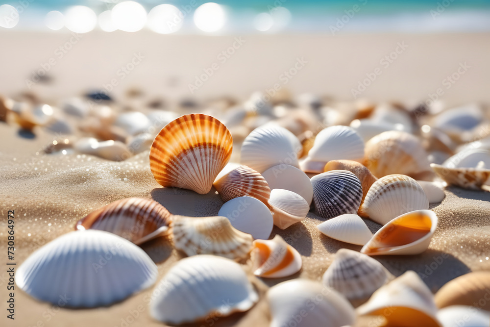 Various seashells on the beach with blurred ocean and bright sunlight Various seashells on the beach with blurred ocean and bright sunlight