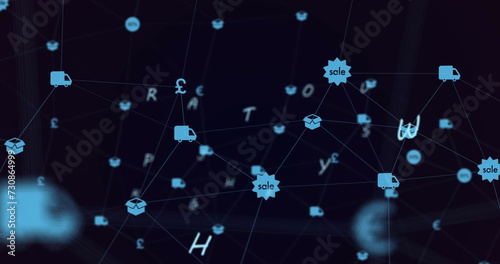 Image of web of connections and digital icons on black background