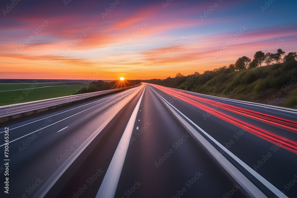 Stunning sunset over empty asphalt road, blurred streaks of car lights vanishing into the distance - obrazy, fototapety, plakaty 